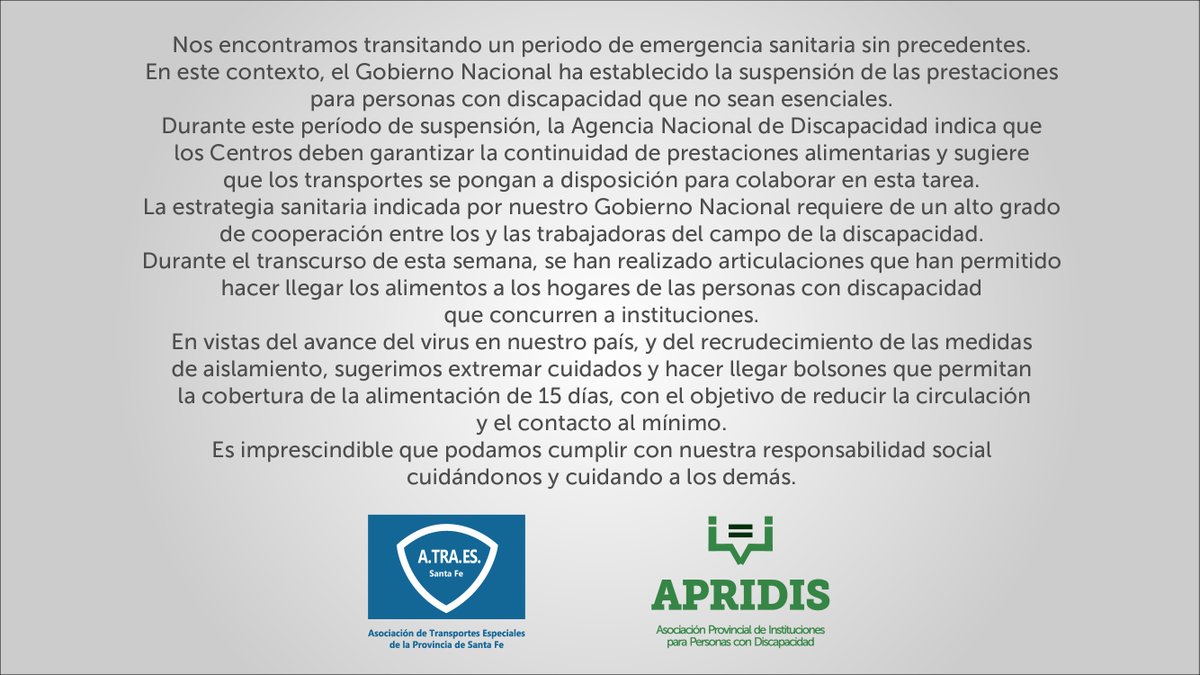 apridis's tweet photo. ⚠️ ATENCIÓN | AISLAMIENTO SOCIAL PREVENTIVO Y OBLIGATORIO

“Es indispensable que podamos cumplir con nuestra responsabilidad social cuidándonos y cuidando a los demás”

#ATRAES
#APRIDIS https://t.co/OJbNa0JE2T