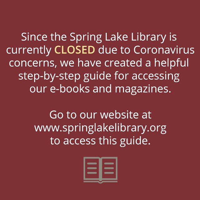 springlakelib's tweet photo. A helpful step-by-step guide containing instructions for using e-books and magazines is now available on our website at https://t.co/9cAuZ3tNyu. Call us for your patron number or any further assistance. #lovespringlake #springlakelibrary https://t.co/x6EF5UVJFa