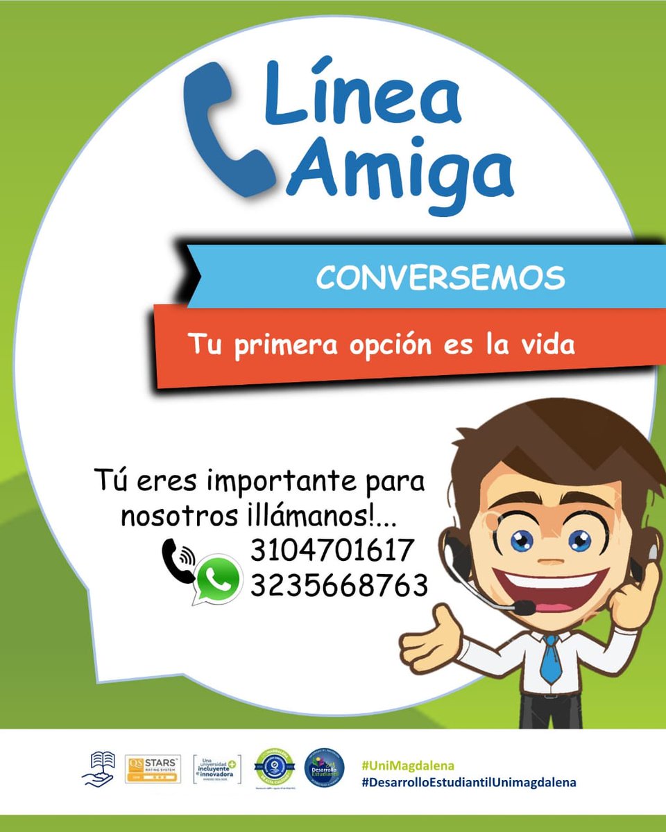 DesarrolloEstu2's tweet photo. Queremos estar cerca de ti, por eso hemos creado una #LineaAmiga para conversar contigo y poder apoyarte emocionalmente en estos momentos.
Recuerda que la @Unimagdalena, el señor rector @pverasalazar y #DesarrolloEstudiantil esta contigo. https://t.co/qLJ5Q7QC7T