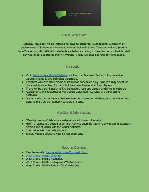 As we move closer to Remote Learning, WCMS will continue to keep you informed through our website and social media.