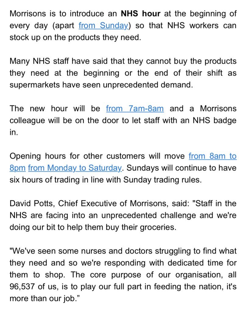 BethRigby's tweet photo. NEW: Morrisons to start a 7am-8am #NHS hour in stores (every day apart from Sun) so NHS workers can stock up https://t.co/MtnMnp6qU2