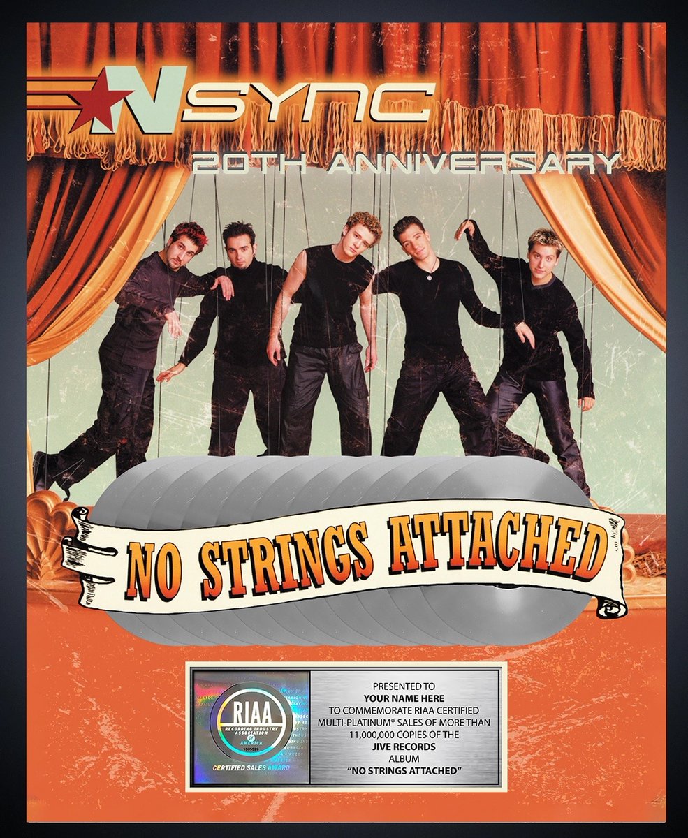 JCChasez's tweet photo. Happy 20th birthday, No Strings Attached. Thank you to everyone who made this album such an important and successful part of our career. Today, we bring you our latest capsule collection, available for a limited time at https://t.co/1Q9ibTseqj. https://t.co/fC4D4SlnB7