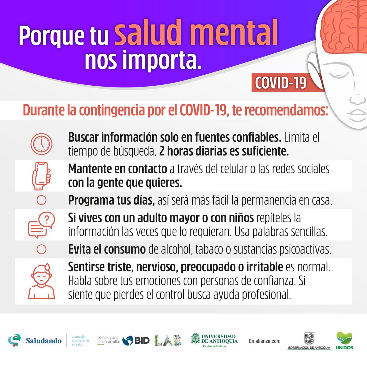 Medicina_UdeA's tweet photo. ¡Es importante que cuidemos nuestra salud mental! 🧠Durante esta #CuarentenaPorLaVida y el aislamiento preventivo obligatorio por #COVID19 decretado por el gobierno nacional... ¡Sigue estas recomendaciones! 😇

👉�� Encuentra más en: https://t.co/7fcmXKZyhv 

¡Ayúdanos a compartir! https://t.co/MgguqSnM8j