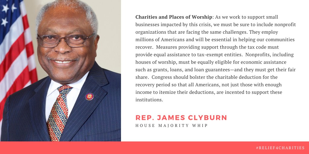 Thank you, @WhipClyburn, for calling for relief for #nonprofits affected by #COVID19 We urge all members of Congress to incorporate the policy solutions proposed by the nonprofit sector into any relief bill councilofnonprofits.org/sites/default/… #Relief4Charities