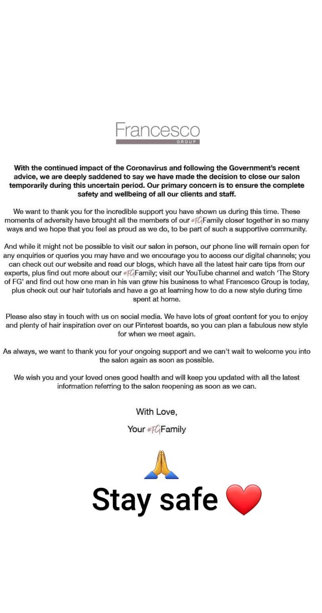 FrancescoWinton's tweet photo. It is with a very heavy heart that we have made the decision to close the salon until further notice 😢
We want to thank you all for your support and understanding.

We will be back and we ALL will get through this❤️🙏🏽❤️

Stay safe ❤ Love &amp; Hugs FG Winton xx https://t.co/Xyl7ReZusp
