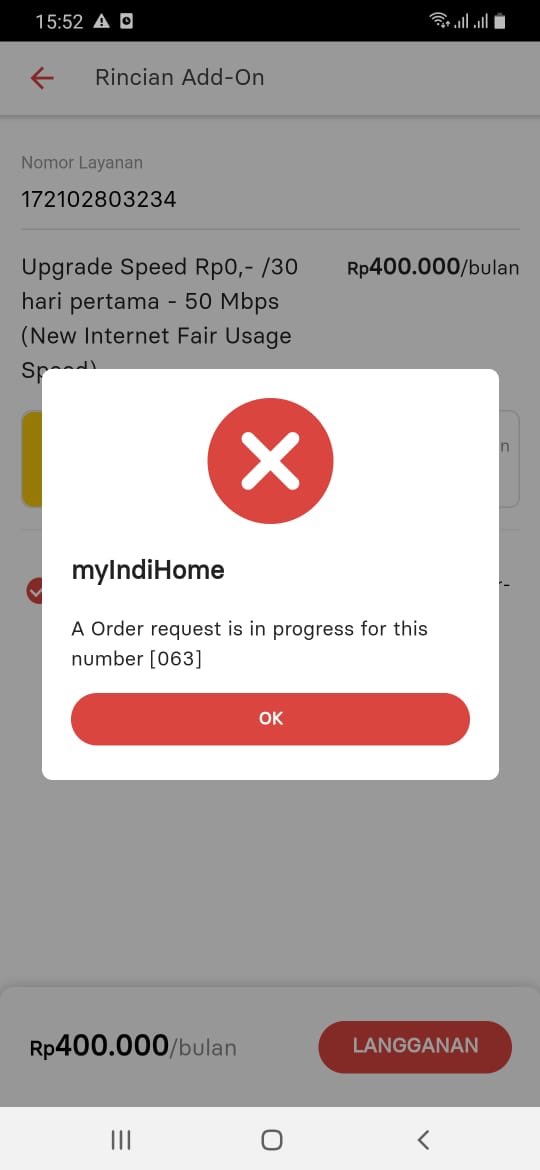 ssyahruls's tweet photo. @IndiHome Halo, admin. Ini kenapa ya?. Saya mau upgrade speed ke 50mbps di aplikasi my indihome setelah tekan konfirmasi muncul error seperti ini. https://t.co/qfd3lVpvP9