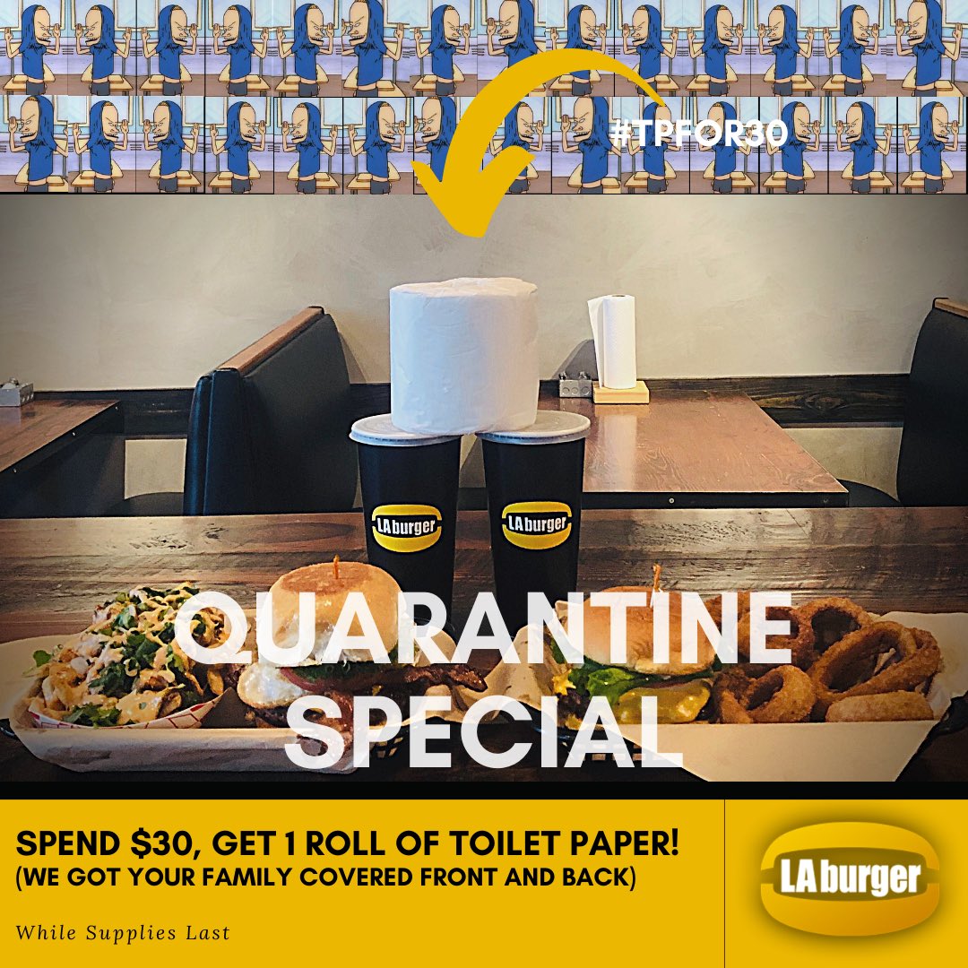 la_burger's tweet photo. ***We got your family covered front and back***🧻🙌🏼
Starting Sat. Mar 21, spend $30 & get 1 roll of toilet paper! Offer valid for Curbside & Carry Out.
🌟Combine this with our Initiation #COVID19PERCENT off C U R B S I D E grab & go.
*while supplies last
#LABurger https://t.co/JDlExb81h1