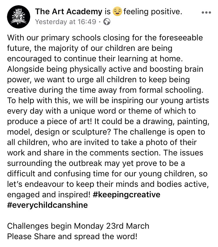 theartacademyUK's tweet image. Join us here or on Facebook for daily #art challenges to keep the kids engaged and inspired during these difficult times. #keepingcreative #homeschooling #kidsathome #education #kidsart