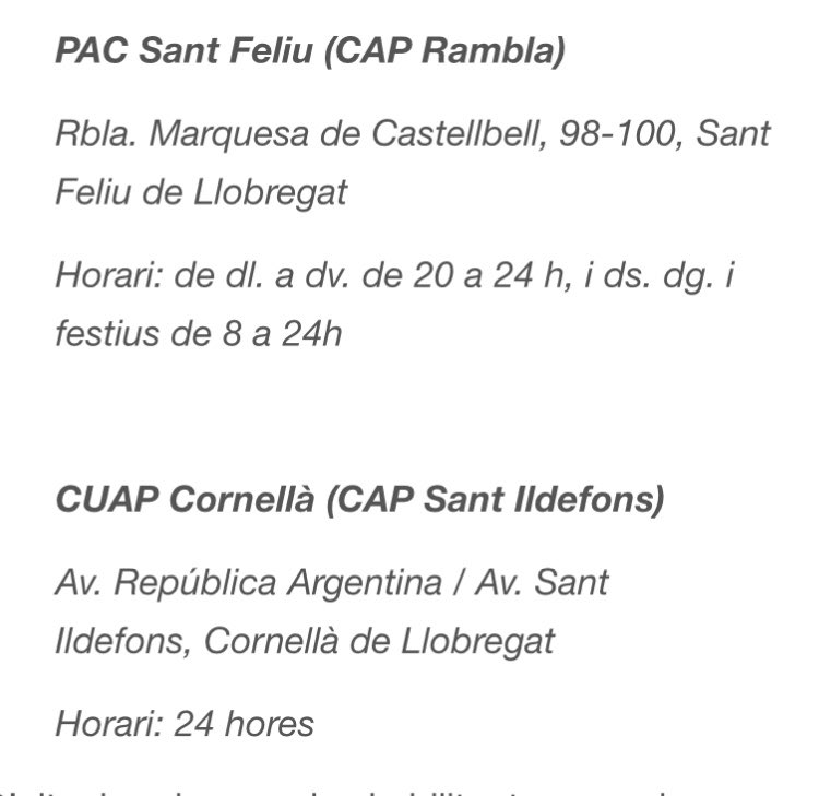 Recordeu que aquest cap de setmana el CAP #santjust està tancat. Personal mèdic i material sanitari es concentra en altres centres oberts.
Si necessiteu anar a un CAP heu d’anar a:
👉PAC Rambla (CAP Sant Feliu)
👉CUAP Conellà (CAP Sant Ildefons)
#santjustcovid19