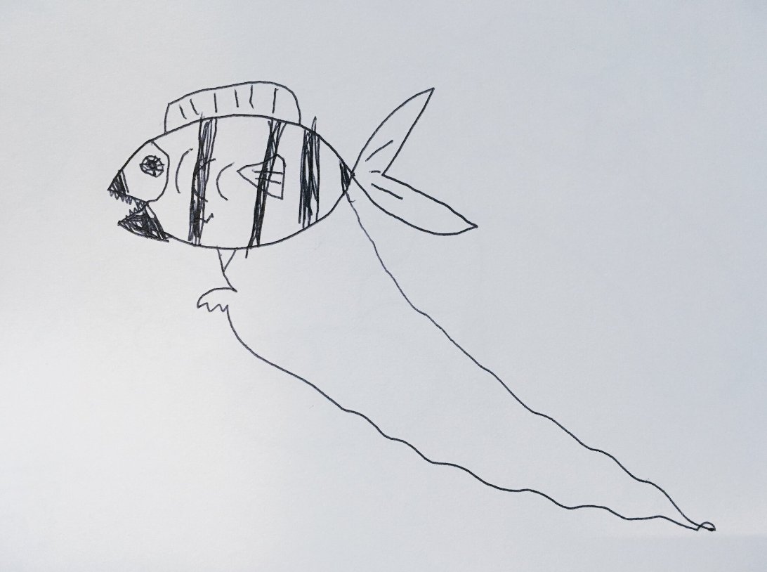 「一番可愛いなと思った魚のオバケを塗らせていただきました～子供の絵自由だ～ 」|ぬら次郎@チイサイヌとクソデカイヌ週2夕方更新予定のイラスト