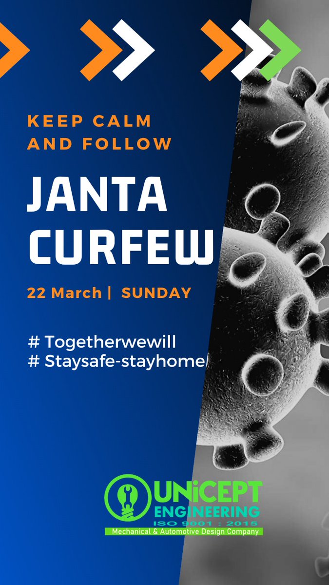Uniceptengineer's tweet photo. Unicept Engineering urges everyone to please follow the Janta Curfew strictly to stop the community wide outbreak of COVID-19... stay home, stay safe! #Covid19India #StaySafeStayHome #togetherwewill https://t.co/BDgcUMfzLA