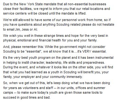 ITCBSA's tweet photo. Our notice about the mandated closings of the local offices and a reflection on how ESSENTIAL Scouting really is. https://t.co/HOfDi4vyTF