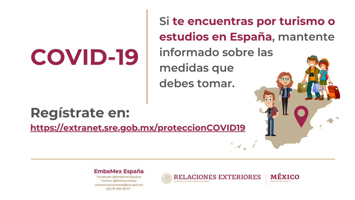 EmbaMexEsp's tweet photo. El @GobiernoMX, mediante la  @SRE_MX, ha habilitado una plataforma para registrar a las personas mexicanas afectadas por la cancelación o suspensión de vuelos desde España a México y no hayan podido regresar aún a nuestro país. ¡Regístrate! #PrevenciónMX:
https://t.co/r10uewICx6 https://t.co/MW5ILwoXPe
