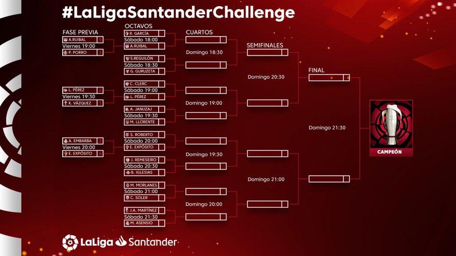 🎮 Desde las 18h no te pierdas los 1/8 de #LaLigaSantanderChallenge ¡LIVE en el perfil de
#GOL!

🔄 Haz RT a este tweet y te enviaremos los horarios del torneo

🗣 Con <a href="/IbaiLlanos/">Ibai</a>,
@DjMaRiiO_90,
<a href="/lamacope/">Manolo Lama</a>,
<a href="/Miguel_An_Roman/">Miguel Ángel Román</a>,
<a href="/danaeboronat/">Danae Boronat</a>,
@rubenmartinweb,
#MitoSanchis y
<a href="/G2Ander/">NotShiinaFG</a>