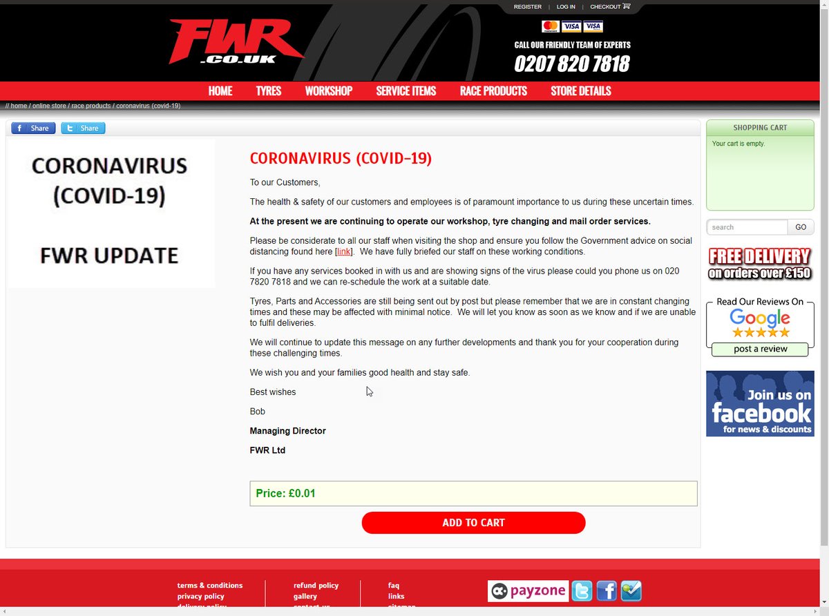 FWRltd's tweet image. FWR is open.  At the present we are continuing to operate our workshop, tyre changing and mail order services as usual. Up-to-date information can be found on our website and Facebook pages