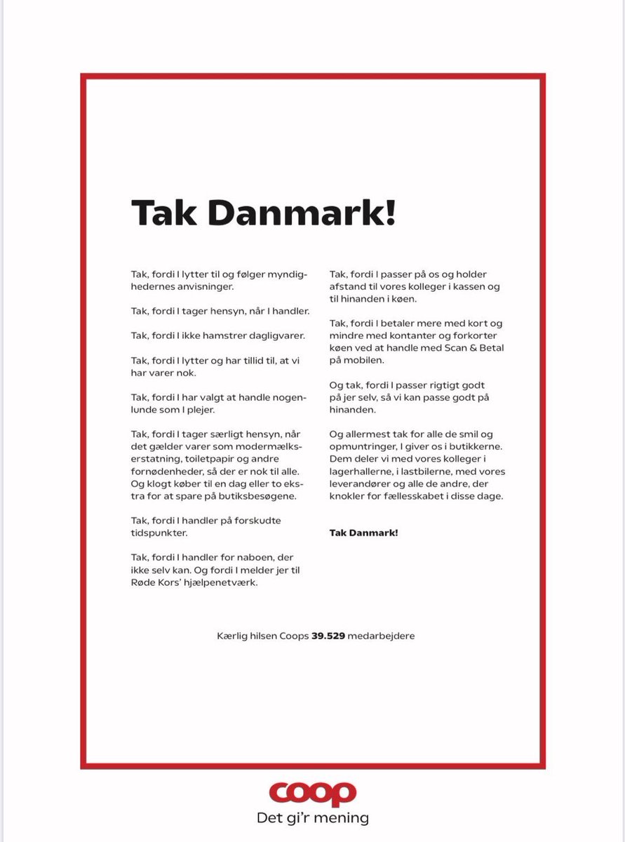 I dag takker <a href="/Coop_dk/">Coop Danmark</a> danskerne for, at I tager hensyn, passer på hinanden og passer på os. #corona #samfundssind #tak