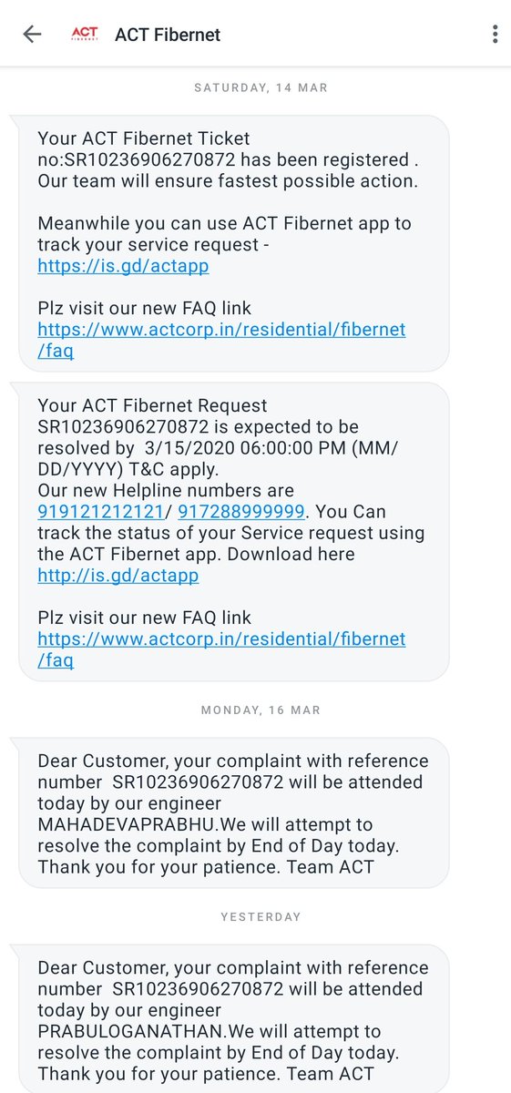 slbharath's tweet photo. @ACTFibernet @ACTFibernet, not sure what you are up to.
From 1 week I don't have Internet connection. Every now and then I need to call your customer support who tells it will be done and nobody turns up. You won't disconnect and refund also. Not sure what is your problem. https://t.co/qMgmguU8Gq