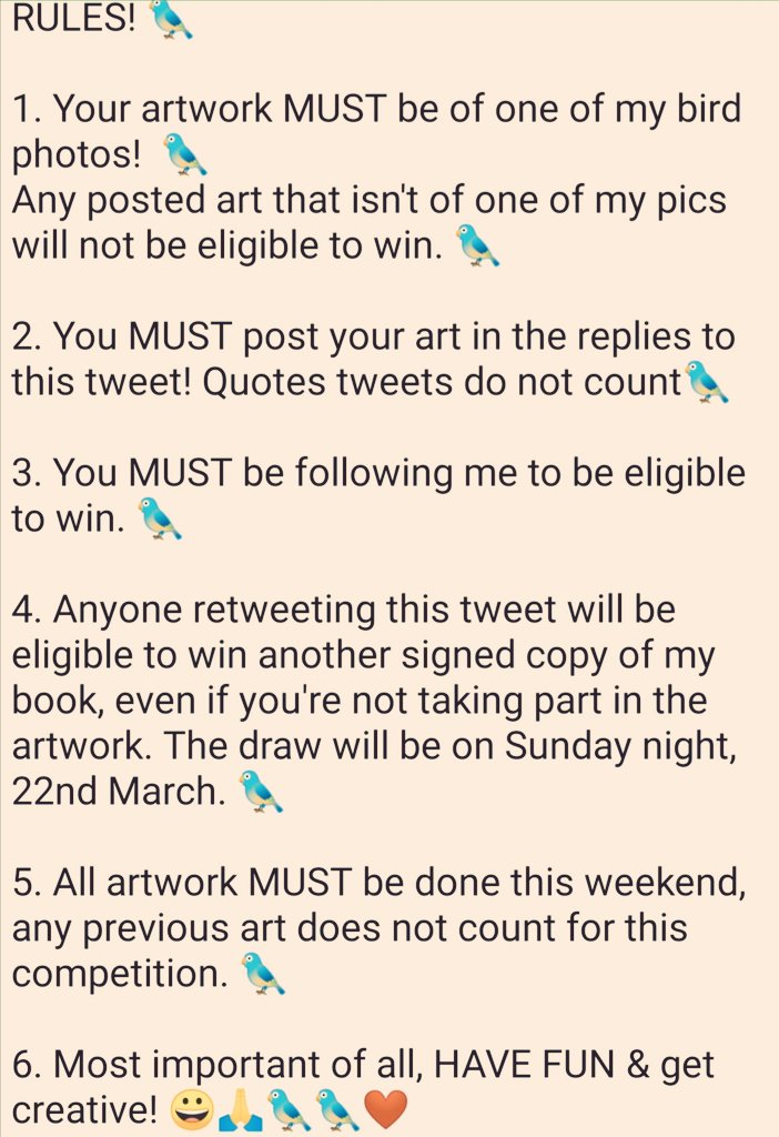 OK, who's bored? Who wants to win a signed copy of my #100BirdsBook? 😊 You have all weekend to draw one of my bird photos & post it in the replies to this tweet!😀 For non-artists, I'm also giving away a book to one of the people who retweets this tweet! 😀🐦 Rules in pic⬇️