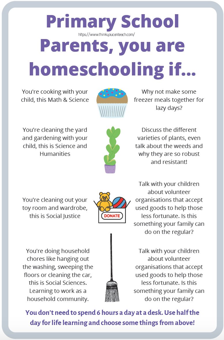Dear parents, there is no need to school your children 6hrs/day in quarantine. Use the afternoon period to do things together, as a family, like the good old days! There is as much learning in household activities as there is in school curriculum. #COVID19 #HOMESCHOOL #aussieED
