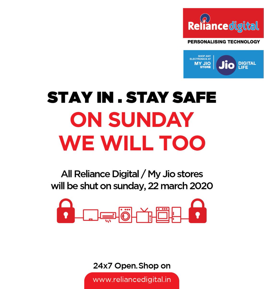 RelianceDigital's tweet photo. This Sunday, let's pledge to #StaySafe at our homes! All Reliance Digital and My Jio Stores will be shut on 22nd March 2020.
So we invite everyone to #StayIn and checkout the #StayAtHomeCollection to make living at home even more fun. https://t.co/rHRgMyYbRe https://t.co/FTFJ1va12N