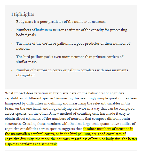 Birds don't have a cortex, so how do they achieve their primate-level smarts? One suggestion is that they've got primate-like numbers of neurons squeezed into their tiny bird brains.  https://sciencedirect.com/science/article/pii/S2352154616302637