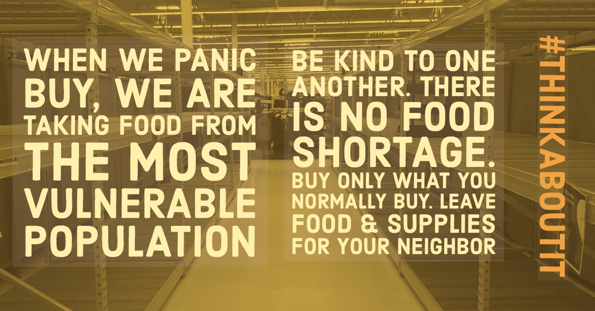 RevJeffWolfe's tweet photo. @ABCNetwork PLEASE SHARE #DontPanicBuy #ThereIsNoFoodShortage
#BuyWhatYouNormallyBuy #LeaveFoodForOthers #BeKind #BeKindToOneAnother #LoveYourNeighborAsYourself #MostVulnerable #Coronavirus #COVID19 #COVID #DoNotPanic #StayCalm #ThinkAboutIt #PsychologyOfPandemics https://t.co/ctUJ1YqrBD