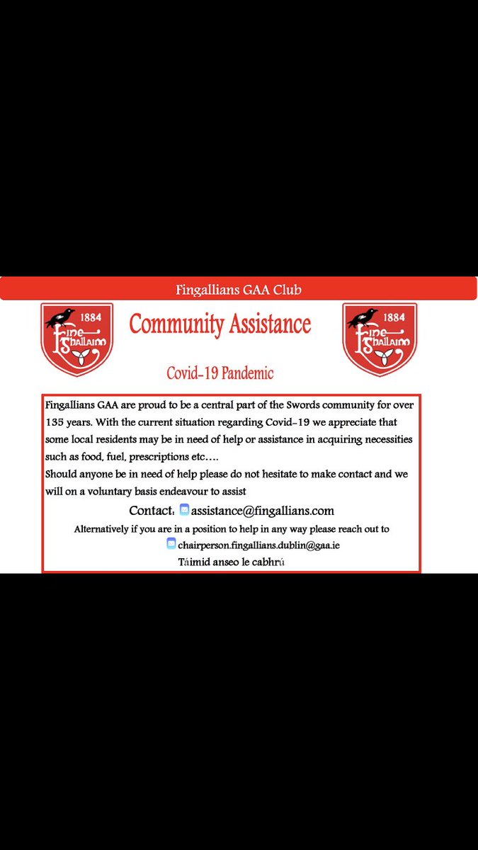 Fingallians's tweet photo. Fingallians GAA Club are supporting those in our Community who may require assistance . Please let us know how we can do more https://t.co/hc9WZHD8on