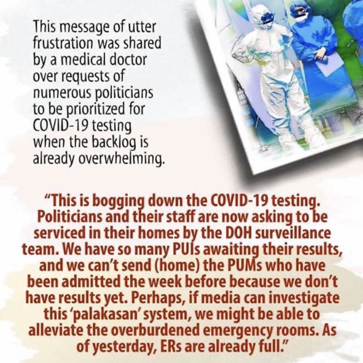 iamkarendavila's tweet photo. Ibang klase. “Politicians and their staff now askkng to be serviced in their homes by DOH surveillance team” THIS. MUST. STOP. Politicians should stop feeling entitled. (Post from @chiarazambrano) https://t.co/1ZJMF5FTkJ