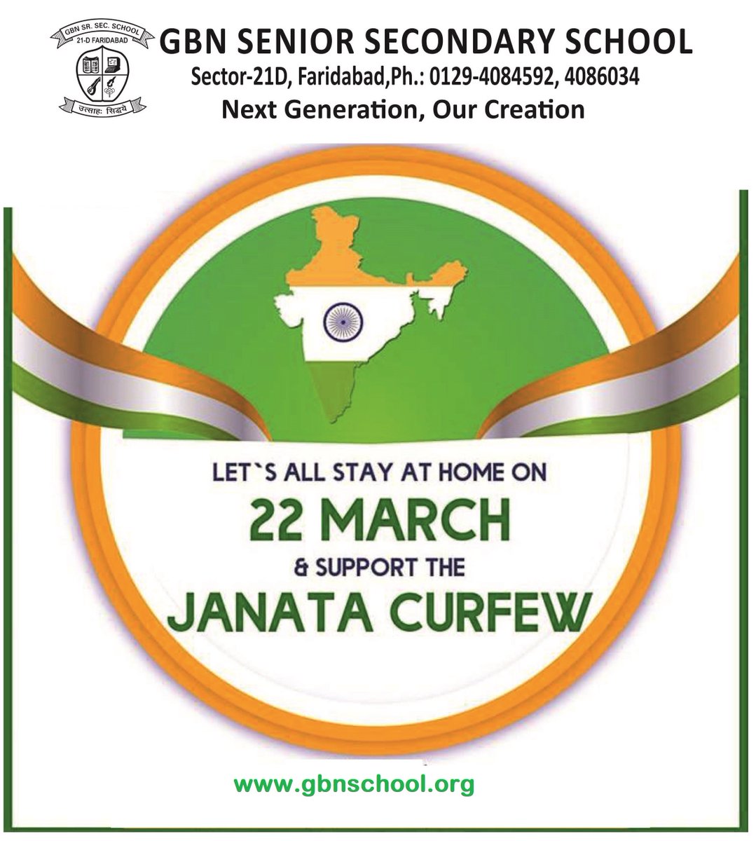 Gbnsrsecschool's tweet photo. Being a responsible citizen of India let’s all join in the Janta Curfew on 22 March 2020. The GBN team appeal to you to look after yourself as well as your family. Please stay at home, break the chain, practice precautions and spread the word. #STAYHOME #Staysafe  #besafe https://t.co/pBK4lZjODs