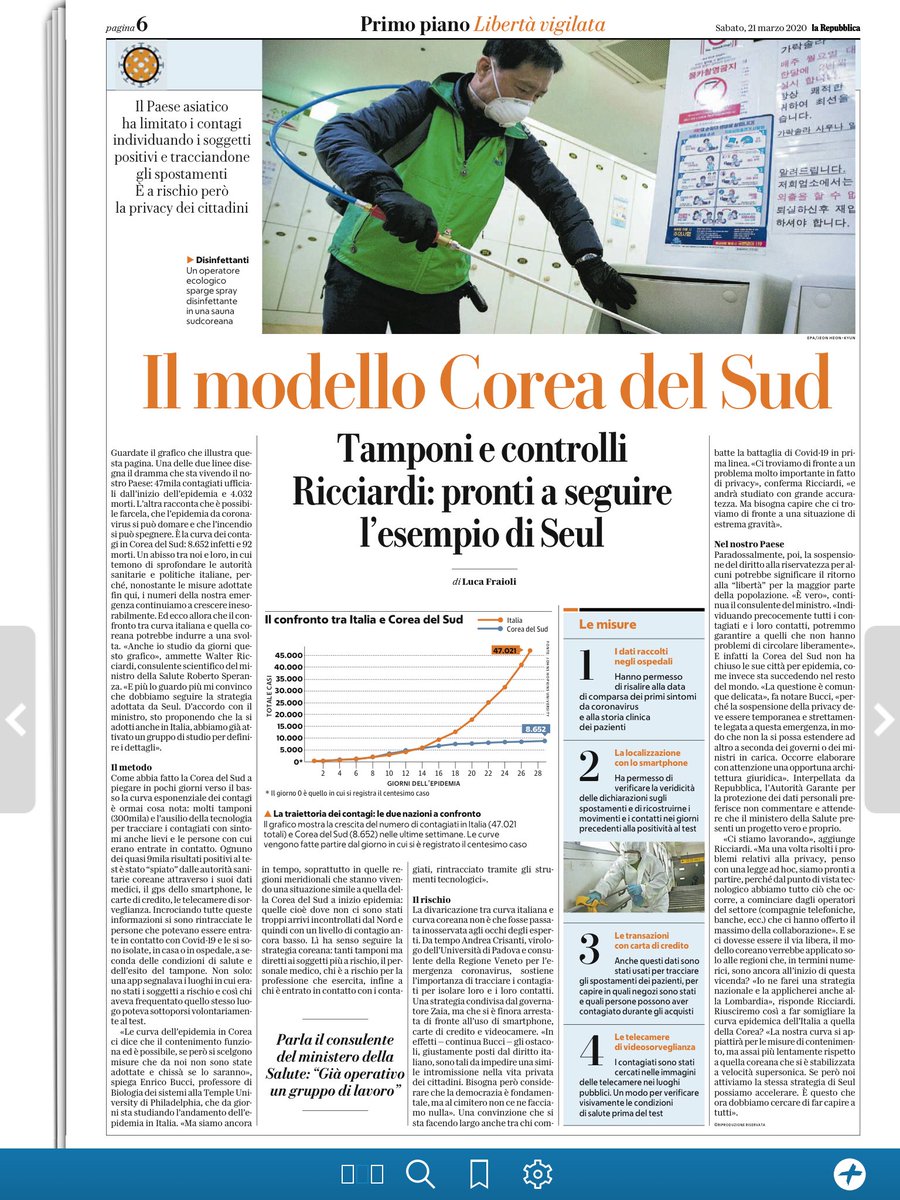 SONO GIORNI CHE VADO PROPONENDO L'ADOZIONE IMMEDIATA DELLA STRATEGIA SUDCOREANA. LIETISSIMO DI SAPERE CHE IL PROF. RICCIARDI DICHIARI FINALMENTE CHE SEGUIREMO QUESTA STRATEGIA. VARARE SUBITO DPCM IN TAL SENSO. ORA ABBIAMO TUTTI UNA SPERANZA DI USCIRNE IN TEMPI BREVI. GRAZIE PROF.