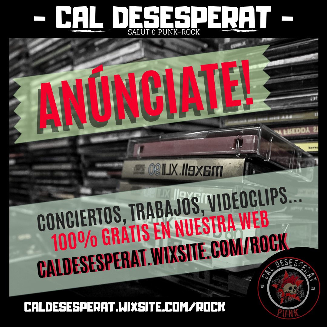 ‼️ANÚNCIATE GRATIS EN NUESTRA WEB‼️
•
- Una nueva gira🚐💨
- Conciertos🤘🏽
- Nuevos trabajos📀
- una banda nueva🎸
•
En Cal Desesperat promocionamos tu BANDA 💯% GRATIS! 
•
Contacta con nosotros para más informaciónℹ️