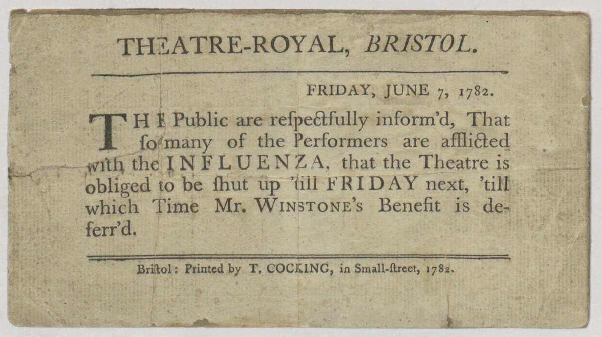 BristolOldVic's tweet photo. We've come back from this before and we will do it again. 💪

Today's #HeritageBite is a 1782 notice, courtesy of @bristolarchives, informing the public that the theatre had to "be shut up" due to influenza. https://t.co/XVuOVG7ex6
