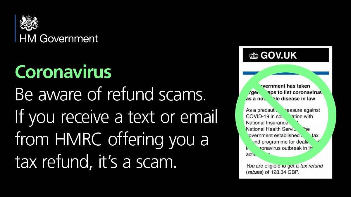 We are aware of emails claiming to be from HMRC offering tax rebates as a result of #coronavirus If you receive an email, text or call claiming to be from us that asks you to click on a link or to give information such as your name, credit card or bank details, it’s a scam.