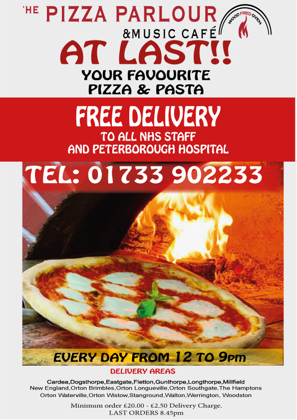 Pizza Parlour would like to offer #FREEDELIVERY for all NHS staff and anyone working at Peterborough City Hospital from our Delivery &amp; Takeaway Menu. 

Order now and we'll come to you with lunch or dinner. 
thepizzaparlourpeterborough.co.uk/wp-content/upl…