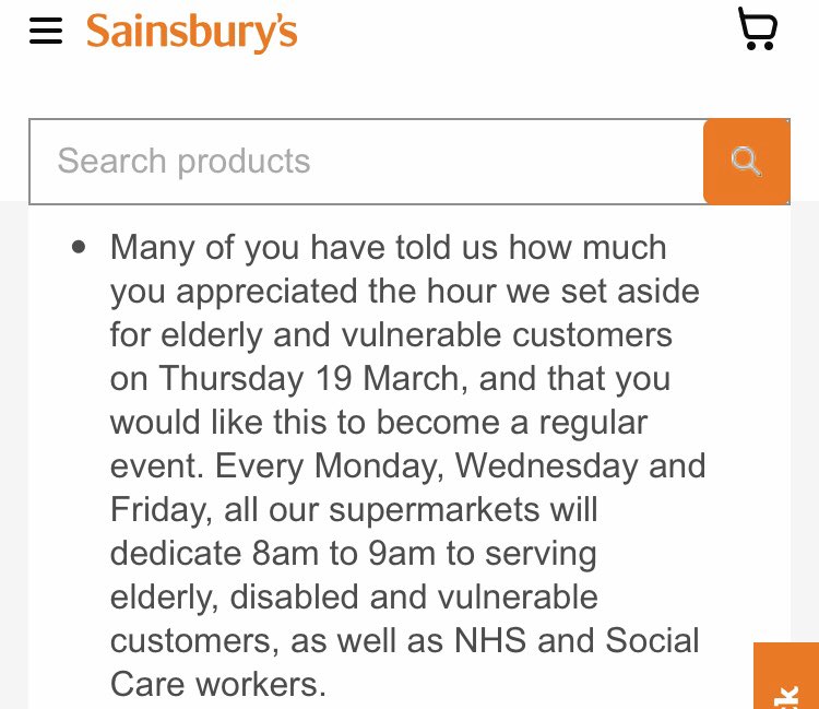 It’s great that supermarkets are dedicating time in stores for vulnerable groups and NHS workers 👍 but surely the M&amp;S/Tesco approach of different days for vulnerable (self-isolating) vs NHS (front line) is a better approach than <a href="/sainsburys/">Sainsbury's</a> everyone together? 🤔 #COVID19