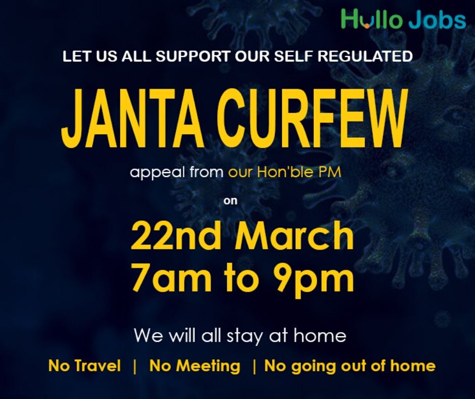 Hullojobs1's tweet photo. Let’s show our care for society by joining the Janta Curfew make sure you stay at home this Sunday, March 22, 2020 from 07:00am to 09:00 pm. Prevent the spread of COVID19 - help your city, your nation. 
#Hullojobs #Covid19India  #BeSafe  #JantaCurfewChallenge https://t.co/oxnHFyzVFf