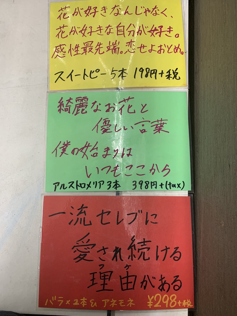 よったん 最近書いた花屋のポップです