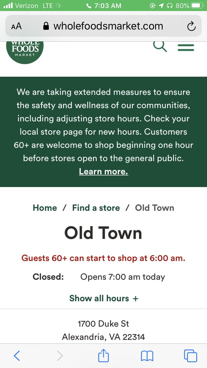aud8ciously's tweet photo. @WholeFoods not accurate in Old Town Alexandria where anyone not 60+ was turned away at 7am—super frustrating to wait for nothing after we all saw your ‘hours’ https://t.co/PgBfBNDAuL