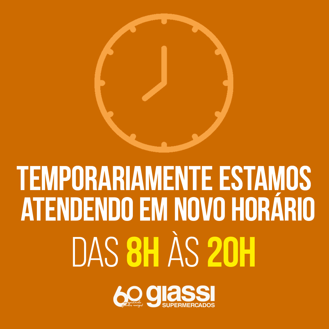 redegiassi's tweet photo. Atenção, clientes. Nos próximos dias todas as lojas do Giassi Supermercados atenderão em horário especial: das 8h às 20h. https://t.co/ZlXNuIcF26