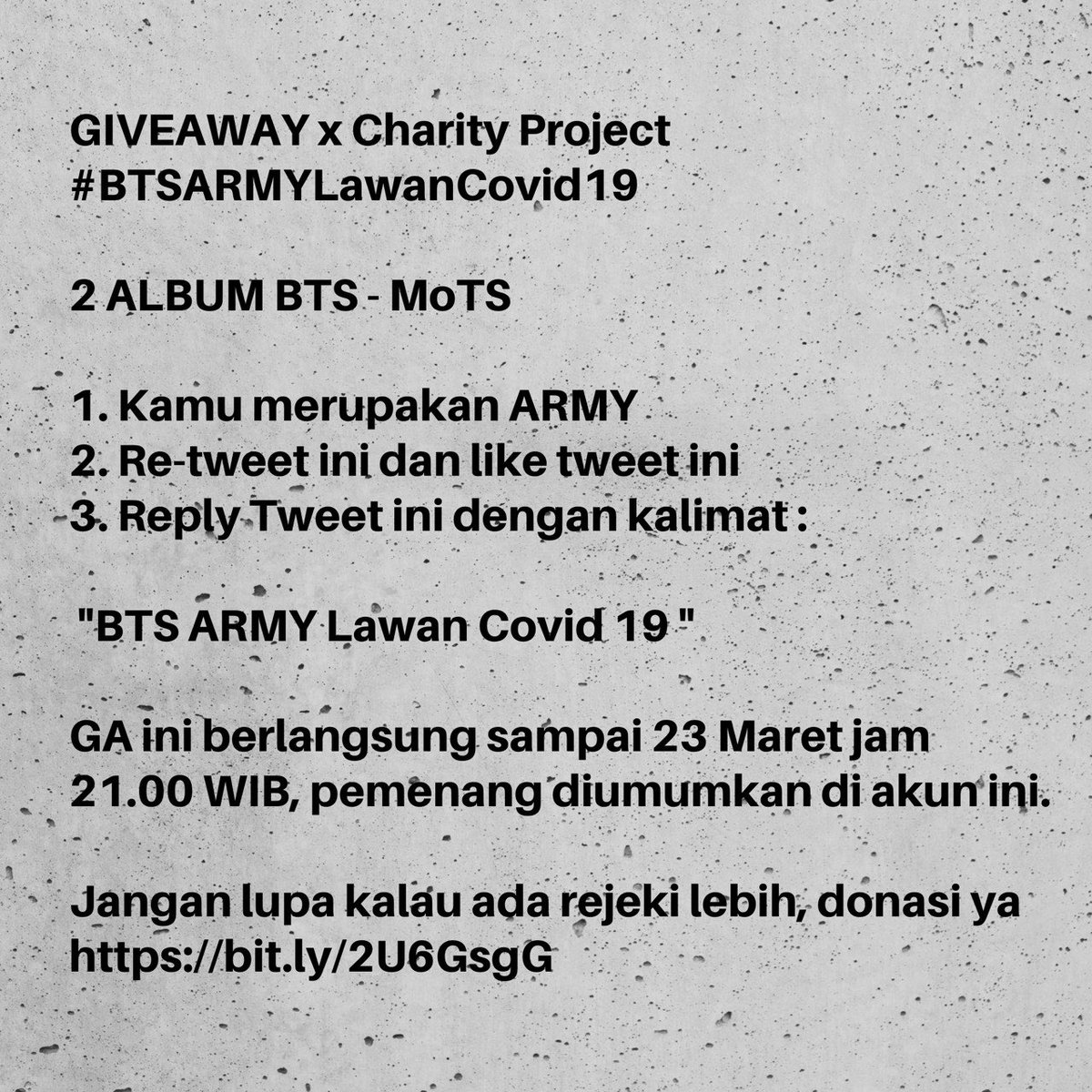 febieegusfa's tweet photo. GIVEAWAY x Charity Project #BTSARMYLawanCovid19 

2 ALBUM BTS - untuk 2 orang pemenang 

1. Kamu merupakan ARMY
2. RT tweet ini 
3. Reply Tweet ini dengan kalimat :

 "BTS ARMY Lawan Covid 19"

Good luck ya 🥰
Yang mau donasi ini linknya https://t.co/Xxgg1cybt8 💜 https://t.co/BQ60rpY9dD