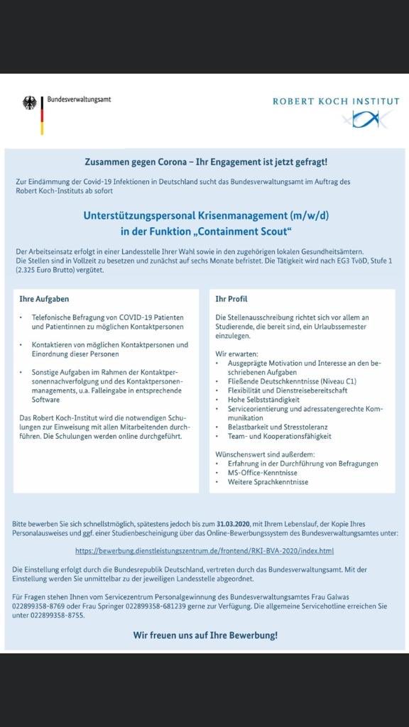 steffi_liebner's tweet photo. Das Robert-Koch-Institut sucht Unterstützung! 📞💪 #coronajob #Jobs https://t.co/wpBuQa6JFB