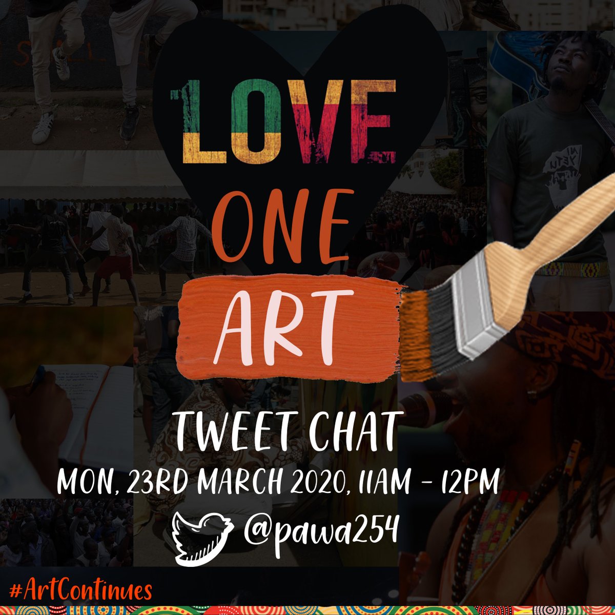 Pawa254's tweet photo. Join us for a tweet chat on Monday, March 23, from 11 am -12 pm as we discuss what we are seeing, hearing, and experiencing regarding COVID-19’s impact on the art scene.
Know of artists who should join in on the conversation? Tag them or RT the poster!
#ArtContinues https://t.co/PhlXUmi3fa