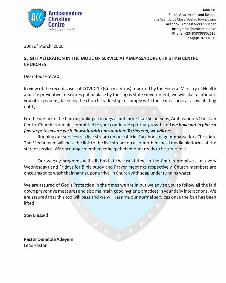 Pastordami3's tweet photo. Calvary Greetings,

In line with the declaration of a ban on public gatherings of over 50 persons, the leadership of Ambassadors Christian Center has put in place a slight alteration to our mode of service.

Sunday Services: Facebook Live 
Weekly Services: Unchanged

Shalom! https://t.co/KvndTdA3LR