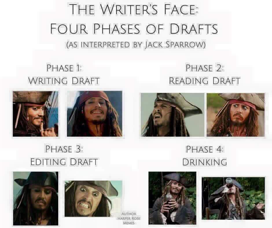 girlreading's tweet photo. Writer's (and translator's) face: Four phases of drafts by Jack Sparrow 😂

#WritingCommunity #amwriting #amtranslating #WIP https://t.co/CtAZLf3QjX