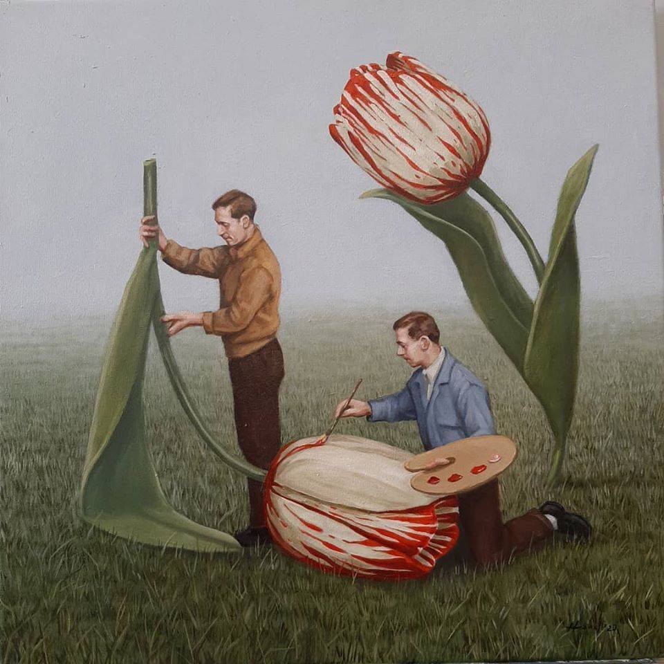 A new piece from my "High tides and misdemeanors" series: "Ikebana III", oil on canvas, 18x18 inches (46×46 cm), March 2020. Ready to ship to <a href="/ckcontemporary/">CK Contemporary</a> in San Francisco...as soon as COVID-19 allows it.