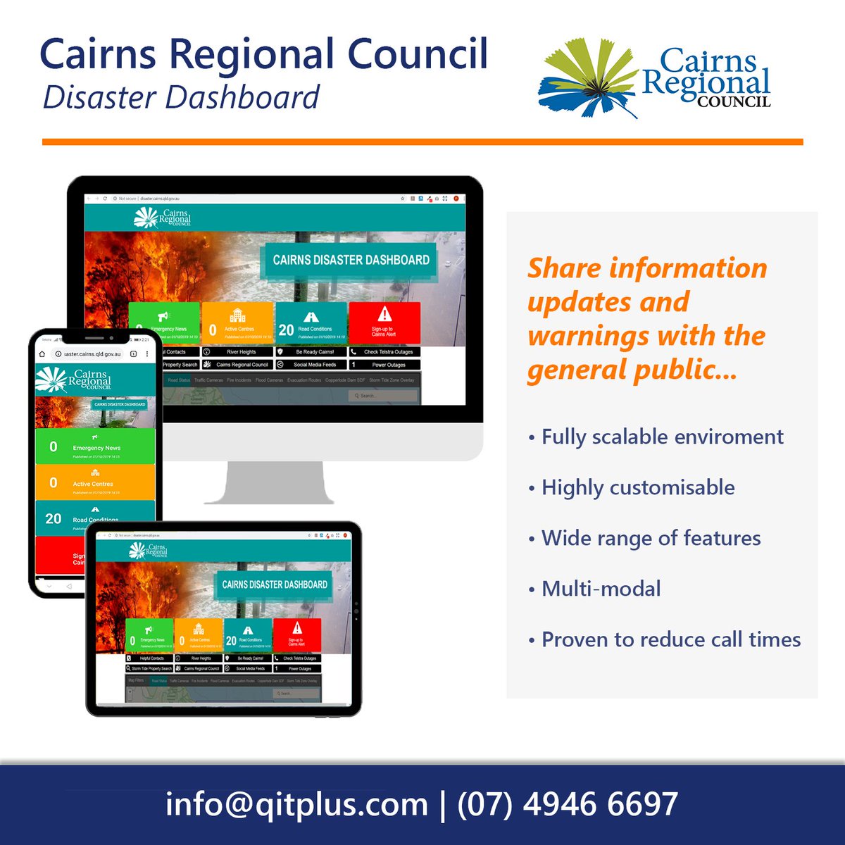 QITPlus's tweet photo. The Cairns Regional Council (@councilcairns) Disaster Dashboard allows them to share emergency news, road conditions and more with their local community. #BePrepared

➡️ https://t.co/nhQRNwNx1e https://t.co/NWi8EjTKaq