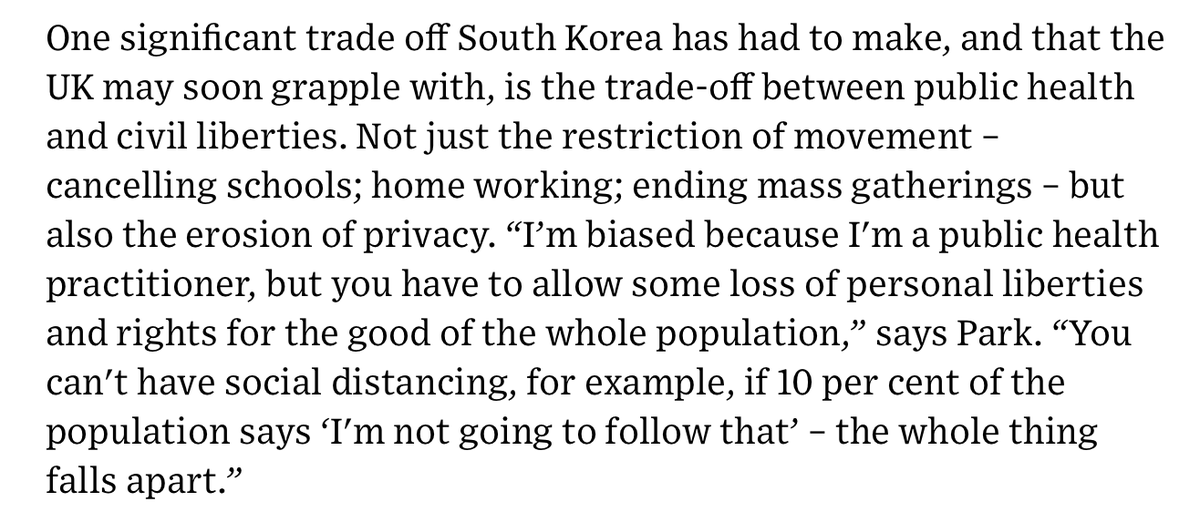 15/n Nor can we be South Korea, or Singapore or Taiwan. Contact tracing - South Korea implemented some of these initiatives without the surveillance - but with widespread street-side testing and isolating zones of infection. https://www.wired.co.uk/article/south-korea-coronavirus