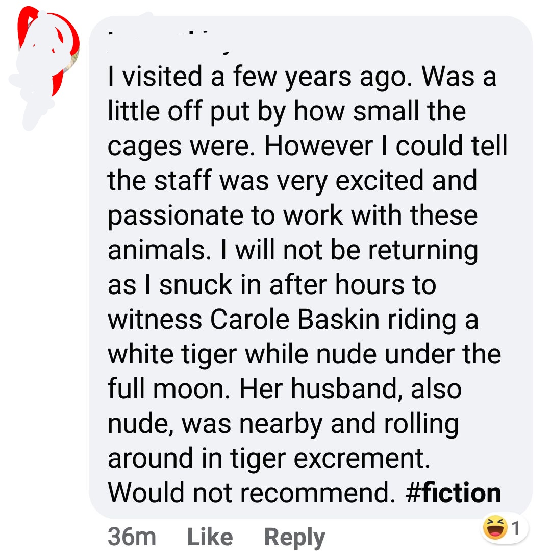 Prying__Mantis's tweet photo. Saw this review of the @BigCatRescue after watching the #TigerKing documentary on #Netflix. Give this guy a medal! 🏅#Retweet TO WIN! https://t.co/0RhpuaoOvC