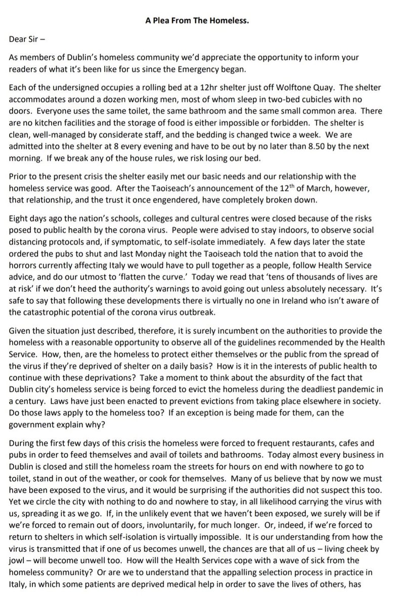 EOBroin's tweet photo. A plea from the homeless.

Please read this letter.

This is why we need an end to nigh-to-night &amp; dormitory style emergency accommodation.

#Covid19 @HSELive @HousingPress @HomelessDublin https://t.co/DsaV1PdPQZ