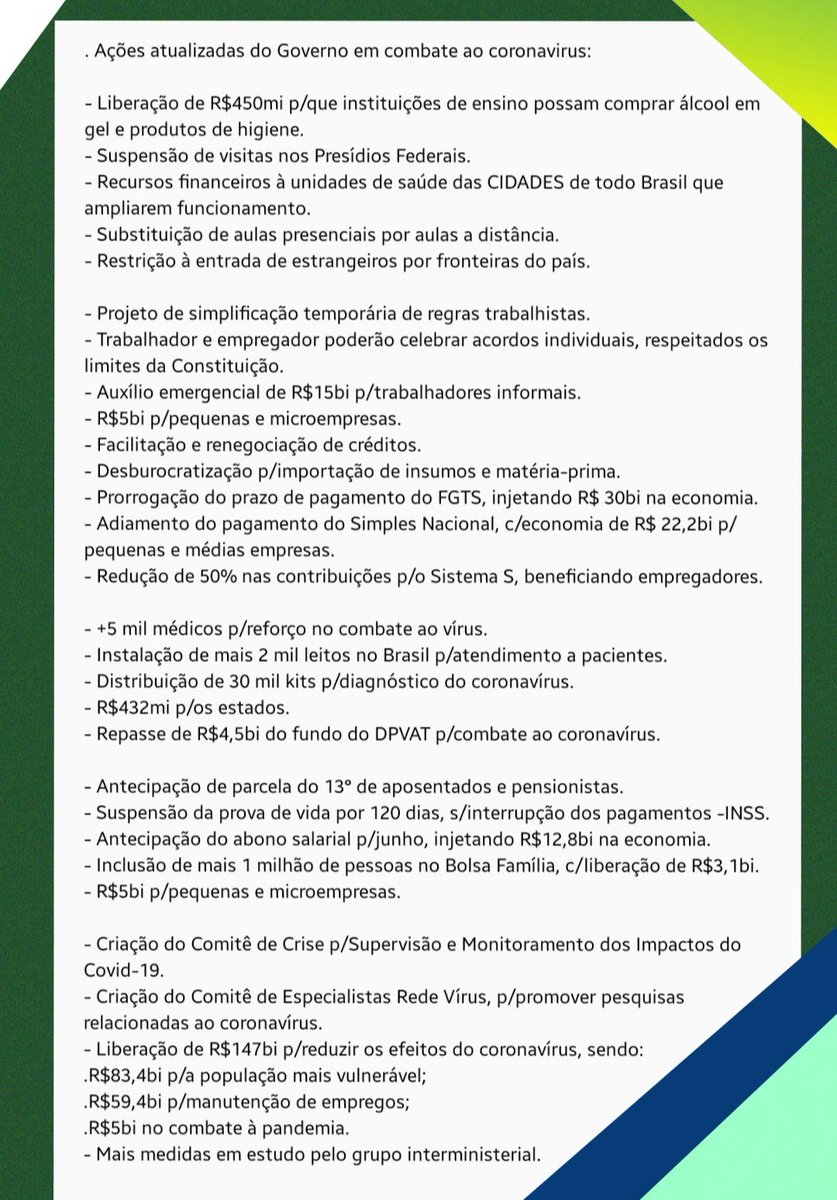 jairbolsonaro's tweet photo. - Ações atualizadas sobre o combate ao coronavirus: https://t.co/uUoU2gJ00N